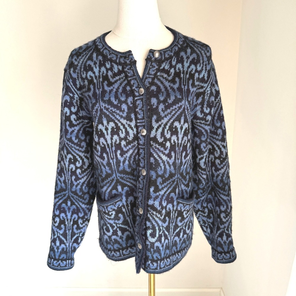 Intiwara Handmade Alpaca Blue  Damask Knit Cardigan Button Front Medium Nordic